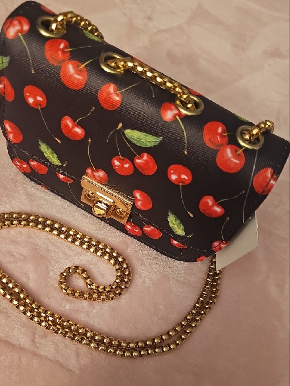 Black Cherry Print Crossbody Bag with Gold Chain - 1 Free Bag Charm Included - Picture 4 of 6